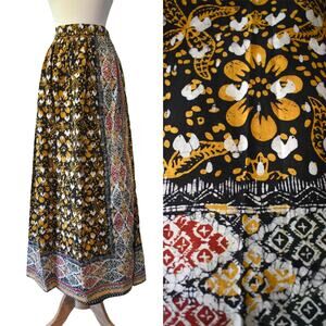 Vintage 70s Bohemian Batik Mustard Floral Print Gypsycore Wrap Maxi Skirt